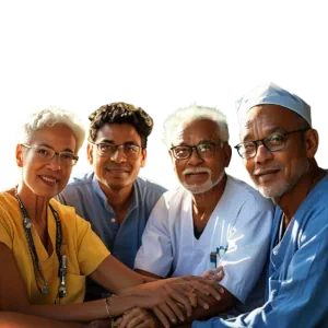 Group of Cuban adult and elderly patients gathered outside a community clinic — possible CAPRI adoptive cell therapy candidates.