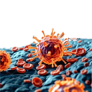 T-cell attached to a cancer cell cluster — illustrating CAPRI adoptive cell therapy targeting tumor cells.