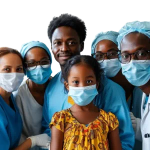 Healthy African child with multidisciplinary, multiracial medical team — symbolising successful CAPRI adoptive cell therapy care.