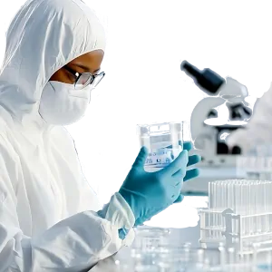 Local lab technician in full sterile gear working inside a GMP-compliant CAPRI cell therapy lab.
