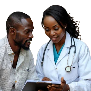 Young Ugandan female doctor showing test results to middle-aged male patient — explaining CAPRI adoptive cell therapy progress.