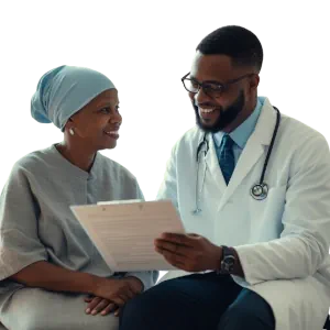Ugandan doctor sitting with 42-year-old female breast cancer patient — discussing positive CAPRI adoptive cell therapy outcomes.
