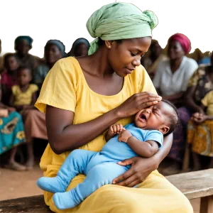 Mother comforting her distressed, crying child at a rural health centre, with other waiting patients blurred in the background — highlighting the human cost of delays and paperwork in overloaded clinics.