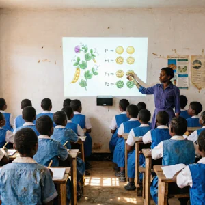 Crowded classroom with female biology teacher explaining Mendelian principles using the school's digital library and a rugged projector, capturing the attention of all sixth‑year students — an example of how accessible rich content can improve learning outcomes.